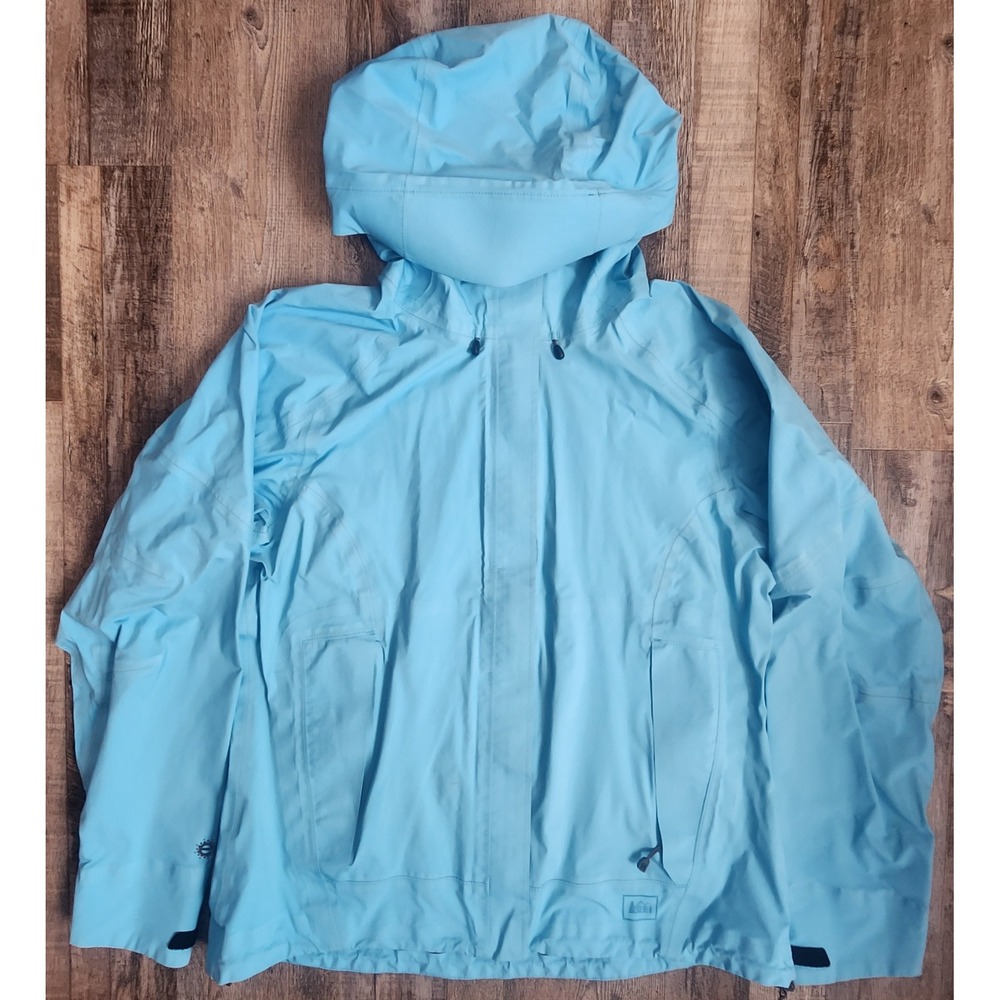 REI Rain Jacket Women M Blue eVent Waterproof Hooded Technical Shell RN 37246